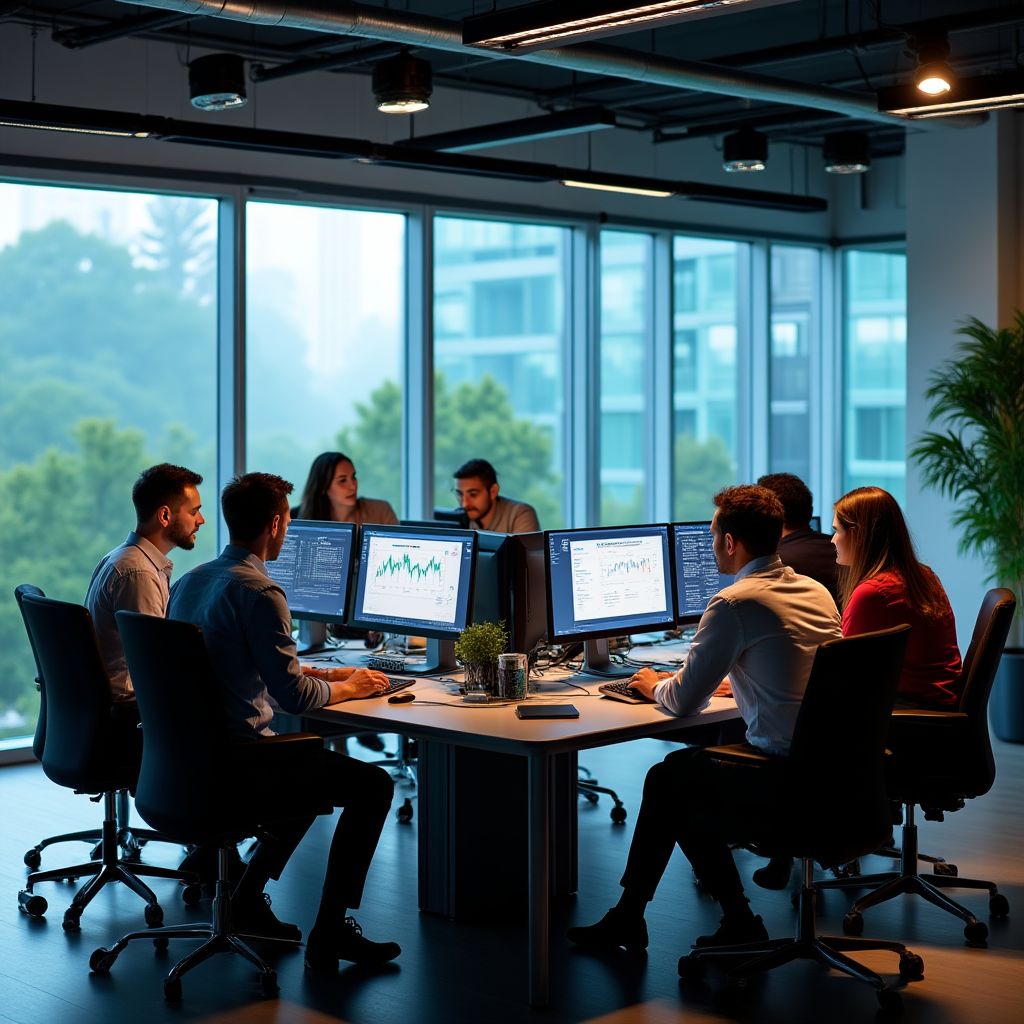 Equipo de analistas trabajando en oficina moderna